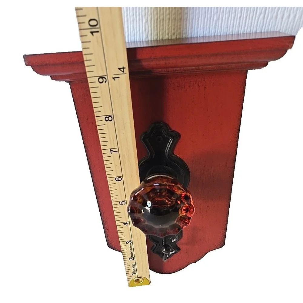 Vintage Wall Hook Rack Red Iron Door Knob Wood Coat Hat Hanger Rustic Farmhouse